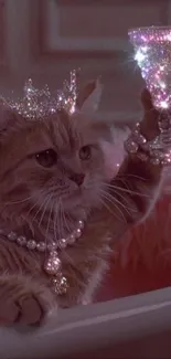 Cat with jewels holding a sparkling glass