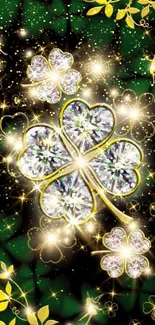 Glamorous jeweled clover wallpaper with gold and sparkle accents on dark background.