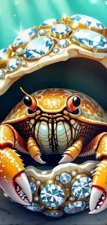 Fantasy crab with jewel-studded shell in turquoise ocean.