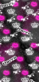 Purple and black wallpaper with crowns and pink lips.