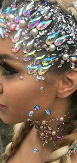 Woman with styled braids and crystal decorations in a green garden.