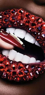 Close-up of lips with red crystals and glossy red nails, perfect for a chic wallpaper.