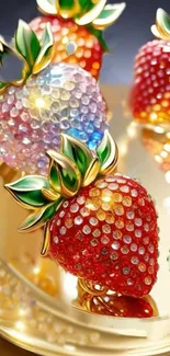 Glamorous art of crystalline strawberries with golden embellishments.