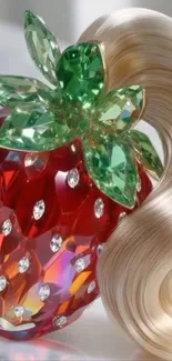 Glamorous crystal strawberry with light reflections.