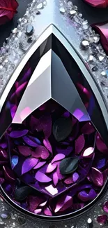 Purple teardrop crystal with artistic design and gemstones.