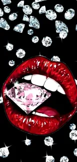 Red lips with diamond, surrounded by sparkling gems on a black background.