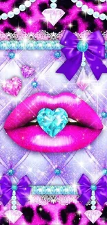 Glamorous wallpaper with pink lips, purple bows, and a diamond heart.