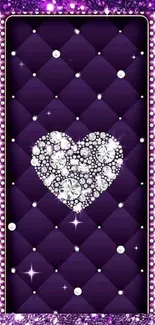 Diamond heart on purple glitter background, creating a luxurious mobile wallpaper.