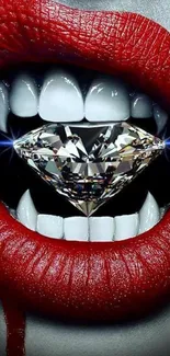 Close-up of red lips holding a diamond.