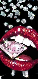 Stylish wallpaper featuring red lips holding a diamond with sparkling accents.