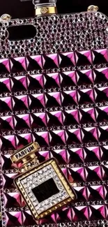 Luxurious pink diamond-studded phone case with perfume design.