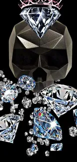 Mobile wallpaper featuring a diamond skull with scattered crystals on a black background.