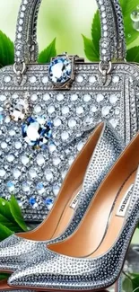 Diamond studded handbag and high heels with leafy background.