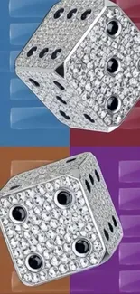 Two glittery dice over colorful horizontal blocks.