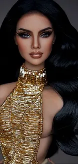 Elegant fashion doll with gold dress and black hair in a detailed mobile wallpaper.