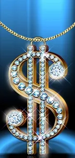 Diamond-studded dollar sign on a chain with blue background.