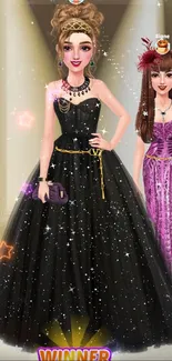 Elegant women in black and purple gowns on stage with sparkles.