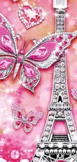 Pink Eiffel Tower and butterflies wallpaper with sparkles.