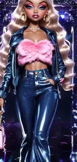 Glamorous doll with a glowing outfit and stylish look.