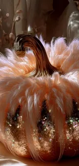 Glamorous pumpkin adorned with feathers and glitter accents glowing warmly.