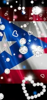 Glamorous mobile wallpaper with sparkling diamond hearts and a flag backdrop.