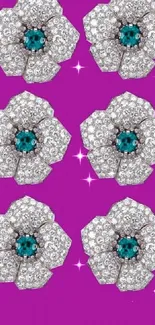 Glamorous phone wallpaper with diamond flowers and purple backdrop.