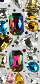 Mobile phone case adorned with colorful gemstones.