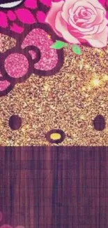 Glamorous glitter cat with pink accents and floral design on mobile wallpaper.