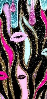 Glamorous mobile wallpaper with glitter drips and lips design.