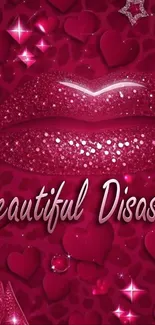 Stylish wallpaper with glittery red lips and hearts design.