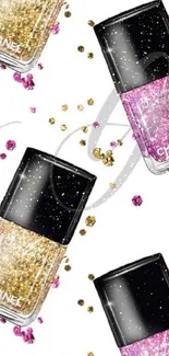 Glamorous wallpaper with glittery nail polish in gold and pink shades.