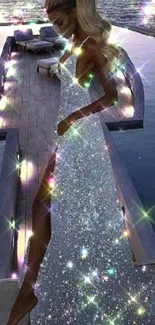 Woman in glittering dress by scenic pool at night.