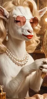 A glamorous goat with pearls, sunglasses, and mirror.