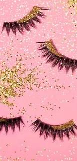 Glamorous lashes with pink and gold glitter wallpaper.