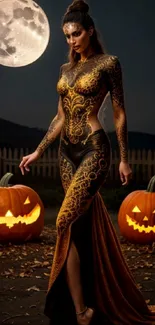 Glamorous Halloween-themed wallpaper with pumpkins and a full moon.