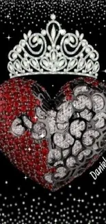 Jewelled heart with diamond crown on black background, perfect phone wallpaper.