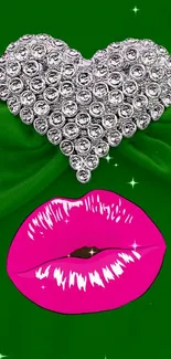 Green wallpaper with diamond heart and pink lips for a stylish phone background.