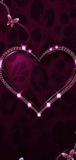 Mobile wallpaper with sparkling heart and butterflies on a purple background