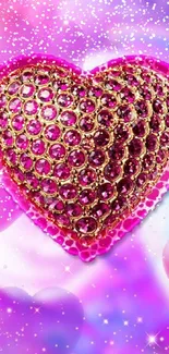 Glamorous heart with pink gemstones on a vibrant background.