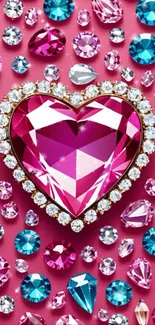 Glamorous heart-shaped gem with colorful jewels on a pink background.