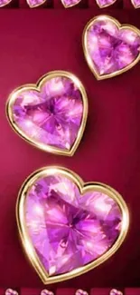 Heart-shaped gems on a burgundy background, mobile wallpaper