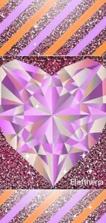 Glamorous pink heart-shaped gemstone on glittery background with vibrant stripes.