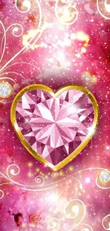 Pink jewel heart with golden swirls on vibrant background.