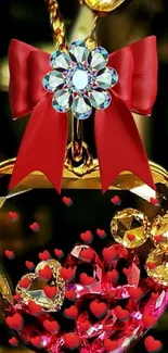 Heart-shaped jewel with red bow and decorative gemstones.