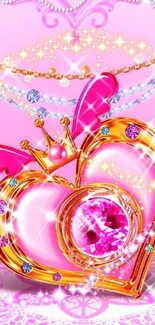 Glamorous heart jewel wallpaper in vibrant pink with sparkling details.