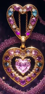 Heart-shaped jewel with blue, purple, and gold accents in a mobile wallpaper.