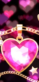 Mobile wallpaper with pink jewel and gold chains.