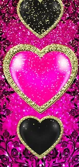 Mobile wallpaper with glamorous pink and black hearts on a magenta background.