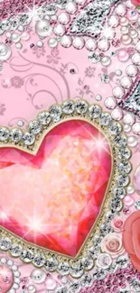 Pink heart with jewels and roses on glamorous wallpaper background.