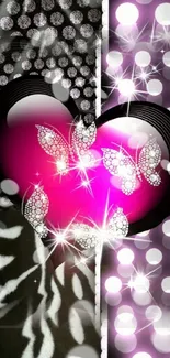 Pink heart with butterflies and sparkles wallpaper.